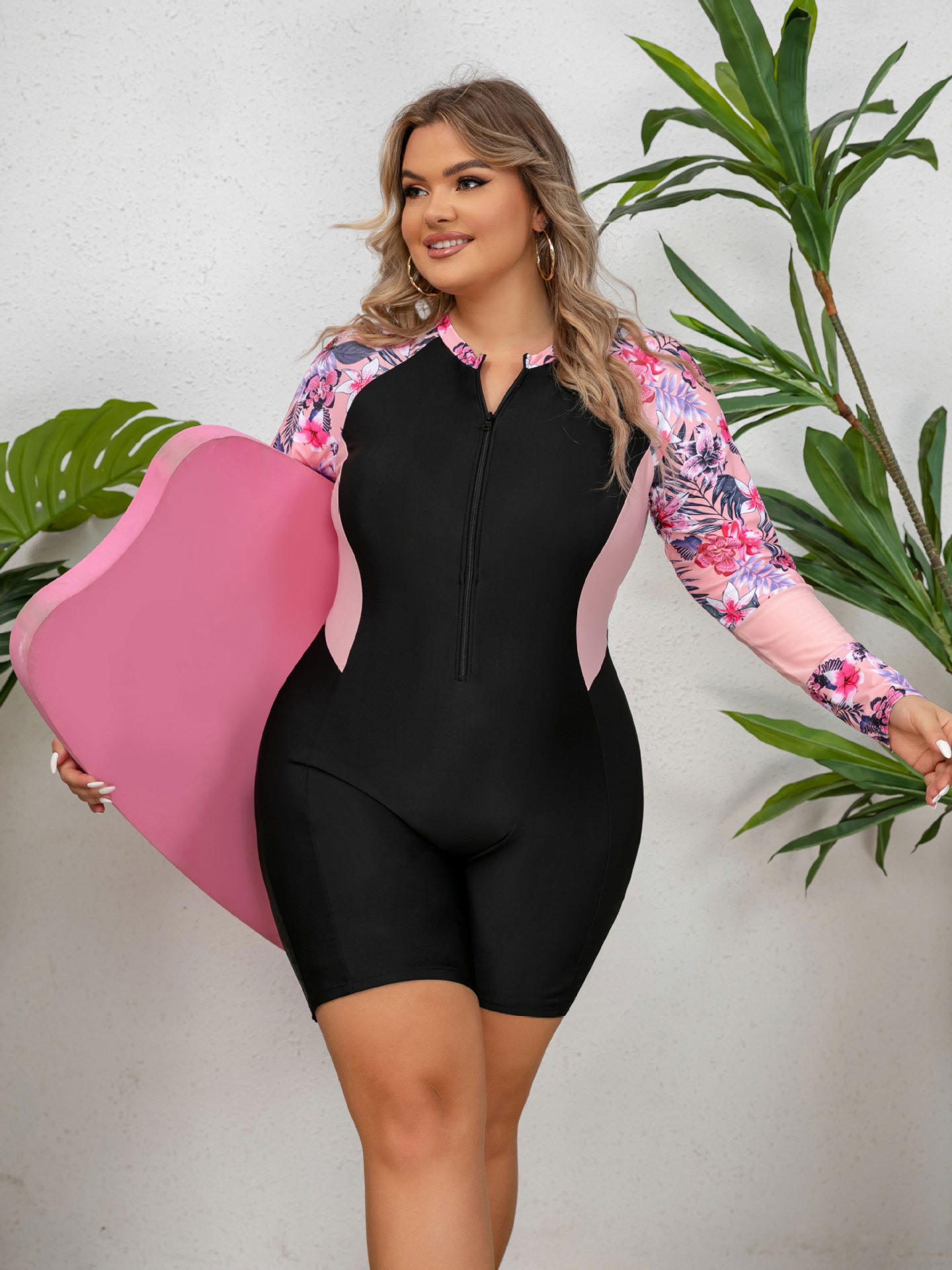 Plus Size Long Sleeve Swimsuit Women Flower Print One Piece Rash Guard Swimwear